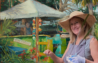 Carol Frezza in front of her painting